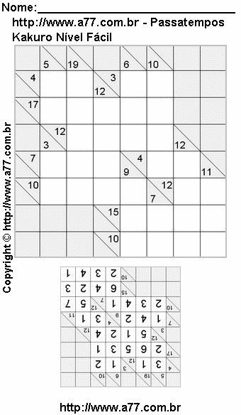 Kakuro Nível Fácil Para Imprimir Com Resposta