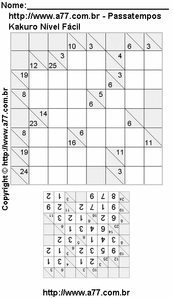 Jogo de Kakuro Para Impressão Com Respostas