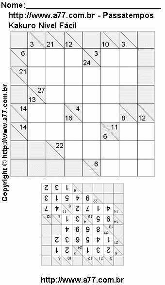 Jogo Kakuro Nível Fácil Para Imprimir Com Respostas