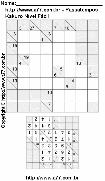 Jogo Kakuro Nível Fácil Para Imprimir Com Resposta