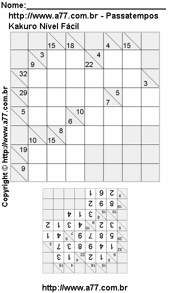Jogo Kakuro Nível Fácil Para Impressão Com Respostas