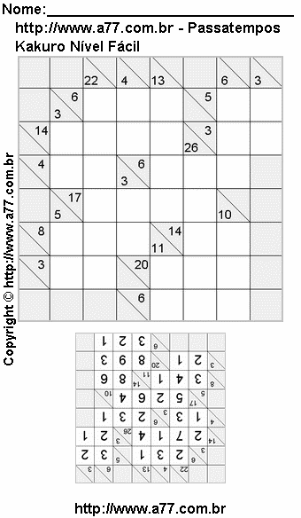 Passatempo de Kakuro Para Imprimir Com Respostas