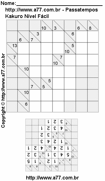 Passatempo de Kakuro Para Impressão Com Respostas