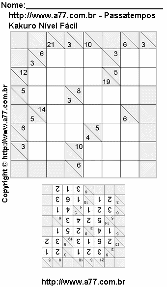 Passatempo Kakuro Nível Fácil Para Imprimir Com Respostas