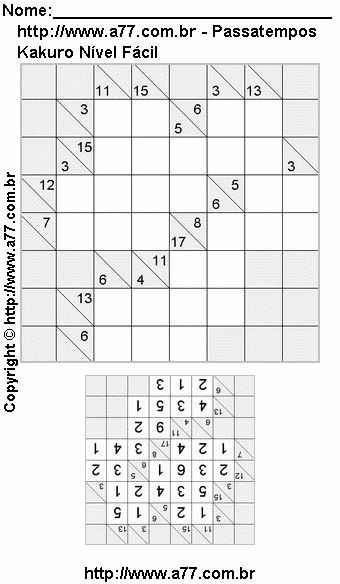 Passatempo Kakuro Nível Fácil Para Impressão Com Respostas