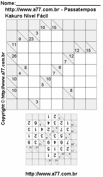 Passatempo Fácil de Kakuro Para Imprimir
