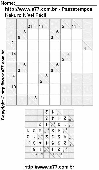 Jogo Kakuro Nível Fácil Para Imprimir Com Respostas