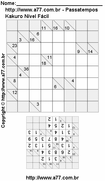 Jogo Kakuro Nível Fácil Para Imprimir Com Resposta