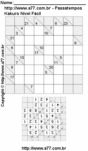 Passatempo de Kakuro Para Impressão Com Respostas