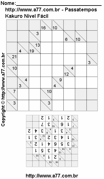 Passatempo de Kakuro Para Impressão Com Respostas
