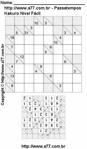 Passatempo Kakuro Nível Fácil Para Imprimir Com Respostas