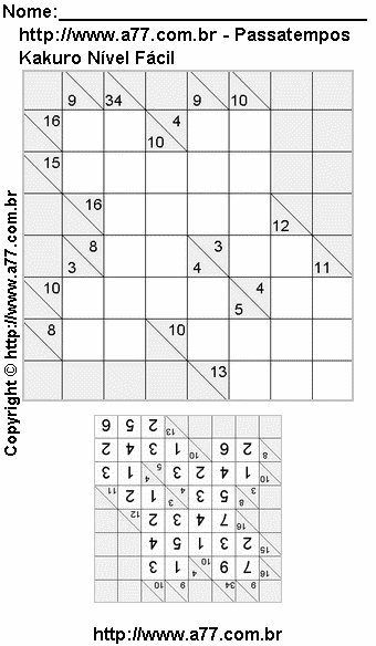 Passatempo Kakuro Nível Fácil Para Impressão Com Respostas