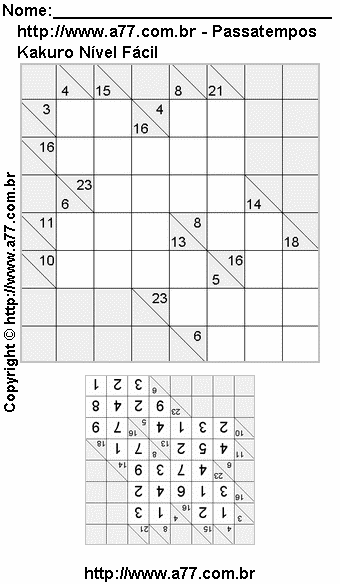 Passatempo Fácil de Kakuro Para Impressão