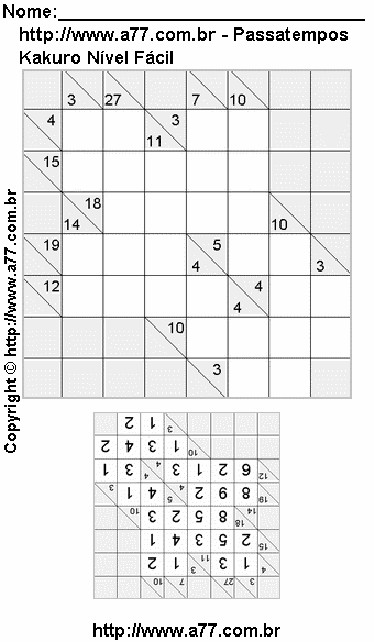 Kakuro Nível Fácil Para Imprimir Com Respostas