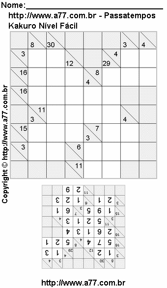 Jogo de Kakuro Para Imprimir Com Resposta