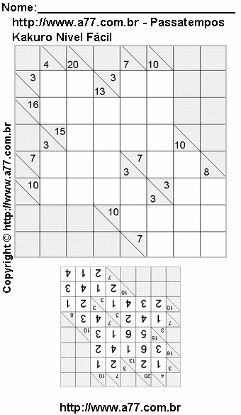 Jogo Kakuro Nível Fácil Para Imprimir Com Respostas