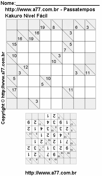 Jogo Kakuro Nível Fácil Para Impressão Com Respostas