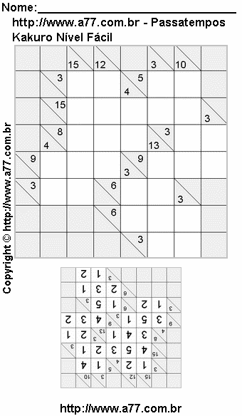 Passatempo de Kakuro Para Imprimir Com Resposta