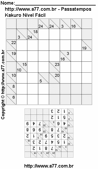 Passatempo de Kakuro Para Impressão Com Respostas
