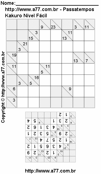 Passatempo de Kakuro Para Impressão Com Respostas