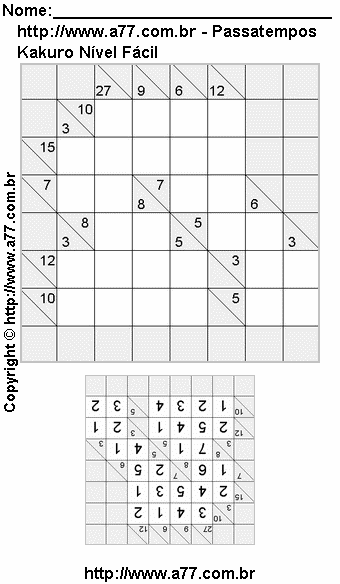 Passatempo Kakuro Nível Fácil Para Imprimir Com Respostas
