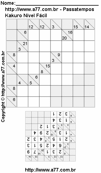 Passatempo Kakuro Nível Fácil Para Imprimir Com Resposta