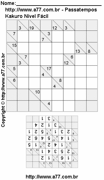Passatempo Kakuro Nível Fácil Para Impressão Com Respostas