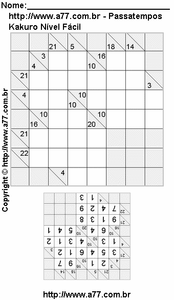 Passatempo Kakuro Nível Fácil Para Impressão Com Respostas