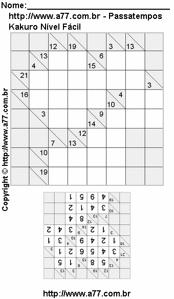 Jogo Kakuro Para Impressão Com Respostas