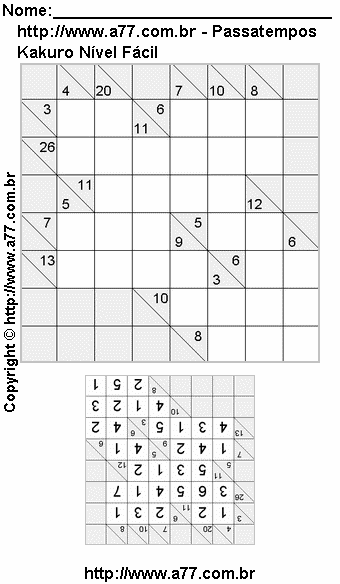 Jogo Kakuro Nível Fácil Para Imprimir Com Respostas