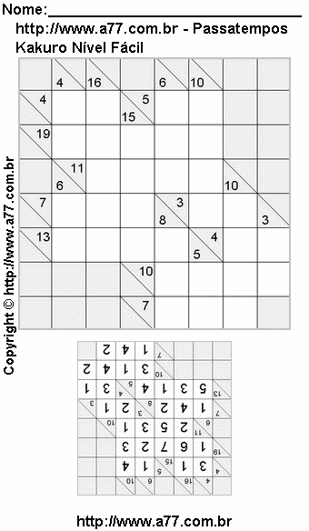 Jogo Kakuro Nível Fácil Para Imprimir Com Resposta