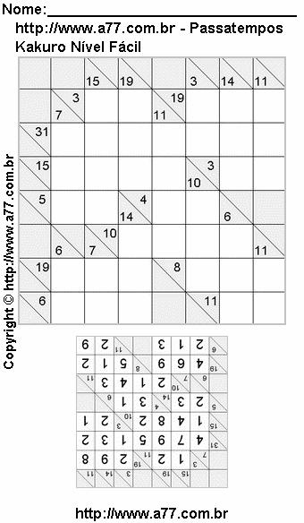 Jogo Kakuro Nível Fácil Para Impressão Com Respostas