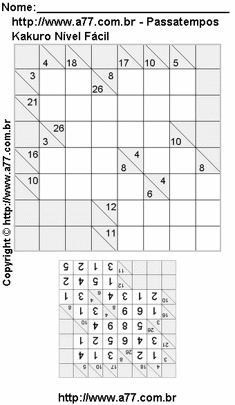 Passatempo de Kakuro Para Imprimir Com Resposta