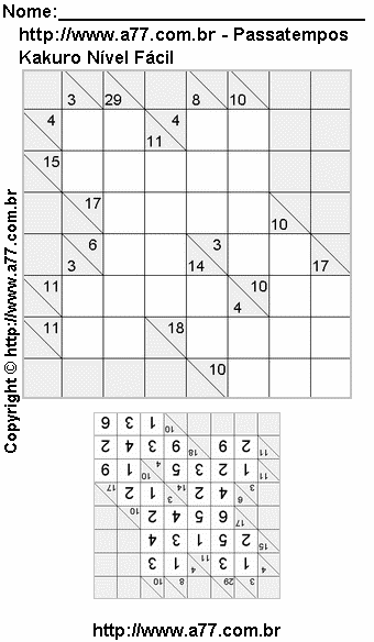 Passatempo de Kakuro Para Impressão Com Respostas