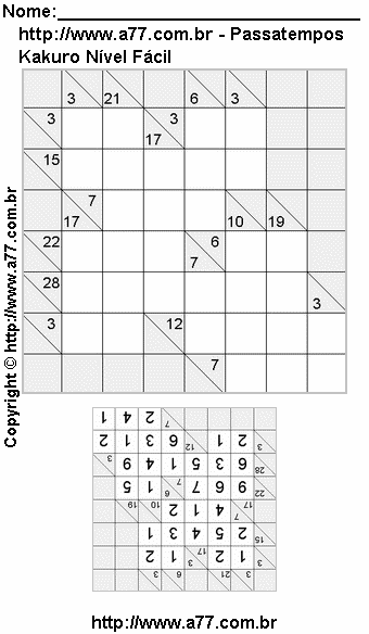 Passatempo de Kakuro Para Impressão Com Respostas