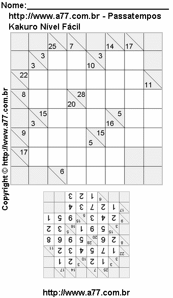 Passatempo Kakuro Para Imprimir Com Respostas
