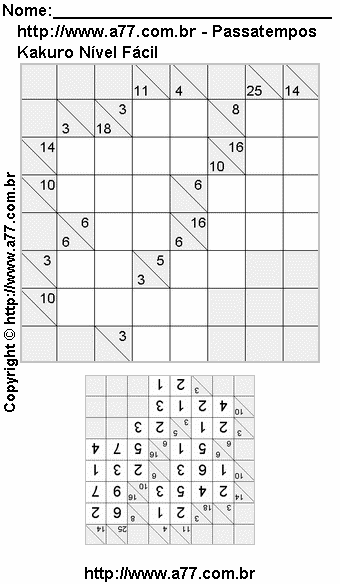 Passatempo Kakuro Para Imprimir Com Resposta