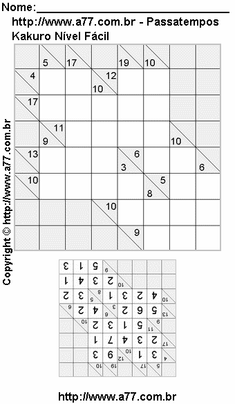 Passatempo Kakuro Nível Fácil Para Imprimir Com Respostas