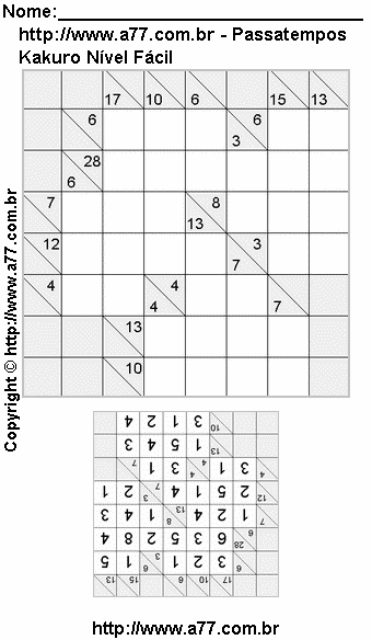 Passatempo Kakuro Nível Fácil Para Imprimir Com Resposta