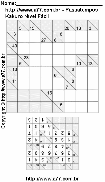 Passatempo Kakuro Nível Fácil Para Impressão Com Respostas