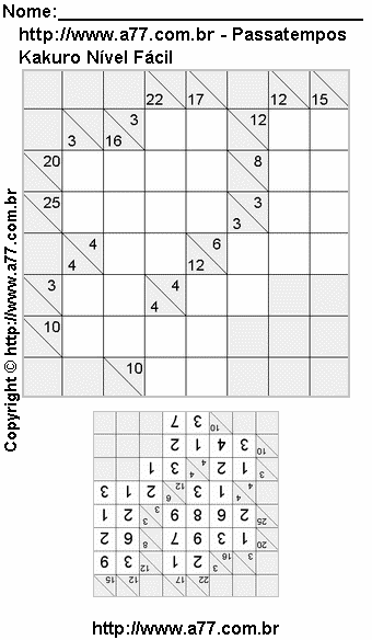 Passatempo Kakuro Nível Fácil Para Impressão Com Respostas