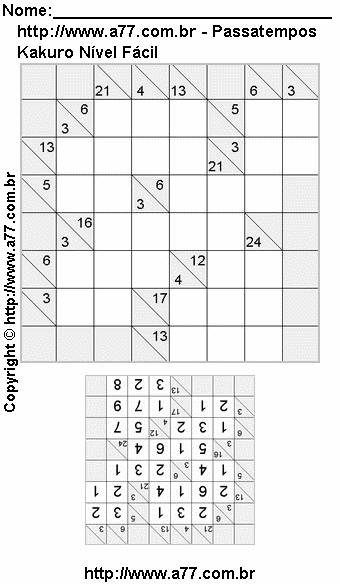 Jogo Fácil de Kakuro Para Impressão