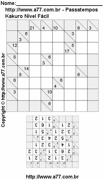 Passatempo Fácil de Kakuro Para Impressão
