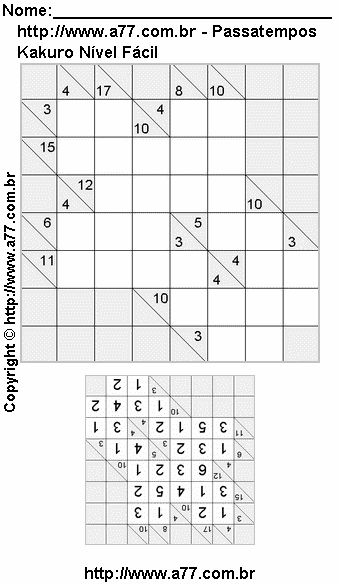 Jogo Kakuro Nível Fácil Para Impressão Com Respostas