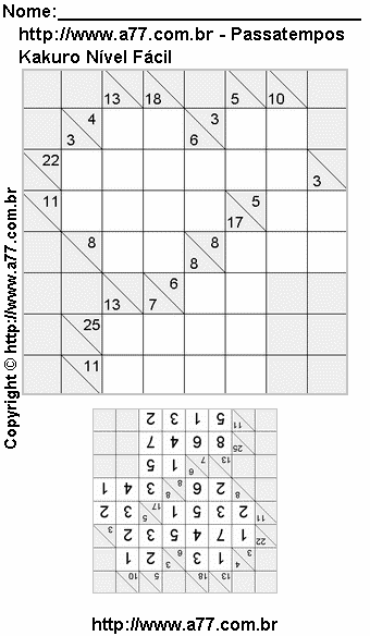 Jogo Kakuro Nível Fácil Para Impressão Com Respostas
