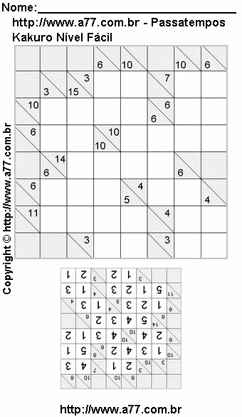 Passatempo de Kakuro Para Impressão Com Respostas