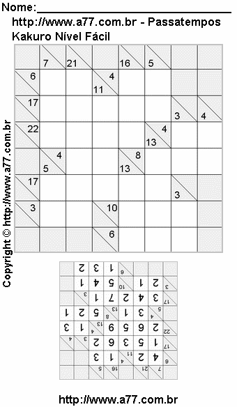Passatempo Kakuro Para Impressão Com Respostas