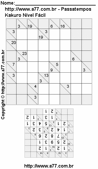 Passatempo Kakuro Nível Fácil Para Imprimir Com Respostas