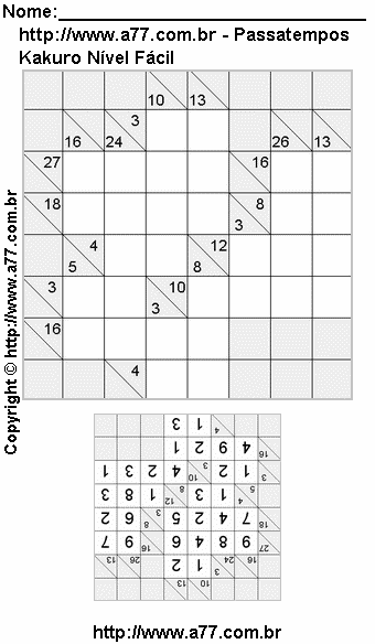 Passatempo Kakuro Nível Fácil Para Imprimir Com Resposta