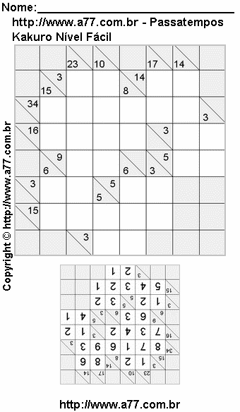 Passatempo Kakuro Nível Fácil Para Impressão Com Respostas